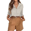 Damen Langarmhemd mit vertikalen Streifen, kombiniert mit braunen Falten-Shorts und Gürtel - S / Khaki