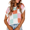 Short-sleeve checkered knit crop top with colorful pink, green and orange patchwork design - S / Tops / Pink & Orange