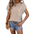 Women's crewneck short sleeve knit top with chest pocket in beige casual summer style - S / Apricot