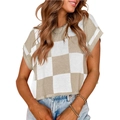 Short sleeve checkerboard knit top in beige and white color block pattern - S / Tops / Apricot