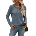 Blue-grey long sleeve ribbed knit top with an asymmetrical V-neck and button details - S / Grey Blue