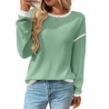 Sage green waffle knit long sleeve top with white contrast trim for a casual sport style - S / Light Green