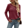 Women's V-neck long sleeve ribbed knit top in dark red with decorative buttons - S / Burgundy