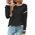Women's crewneck long sleeve top in black with white contrast trim and ribbed texture - S / Black and Gray