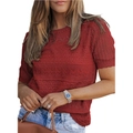 Women's dark red hollow-out crochet knit short sleeve top with round neck and chic pattern - S / Red