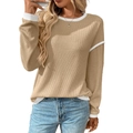 Women's khaki waffle knit long sleeve top with white contrast stitching details - Khaki