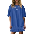 Completo due pezzi blu reale da donna con t-shirt oversize e minigonna con volant - S / Blu Zaffiro