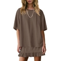 Completo casual da donna marrone in due pezzi con t-shirt girocollo e gonna con volant - S / caffè