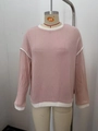 Women's casual loose long sleeve knit sweater in pink and white color block design - Pink (Physical Image Display)