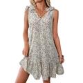 Ärmelloses Sommerkleid mit V-Ausschnitt, floralem Muster und Trägern mit Schleifen - S / Gebrochenes Weiß