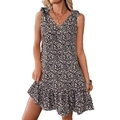Ärmelloses V-Ausschnitt Kleid mit Blumenmuster, Schulterschleifen und Rüschensaum - S / Schwarz