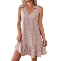 Rosa geblümtes ärmelloses Kleid mit V-Ausschnitt, Schulterschleifen und Rüschensaum - S / Nude Rosa