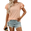 Peach pink lace short sleeve blouse with floral cutouts and ruffled layered cuffs - S / Orange
