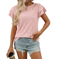 Pink crew neck t-shirt for women with ruffle sleeves and elegant eyelet knit texture - S / Pink
