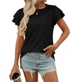Women black short sleeve tee with ruffle sleeves and eyelet texture pattern - S / Black