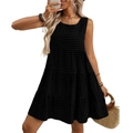 Summer sleeveless black tiered plaid mini dress with loose casual flowing silhouette - S / Black
