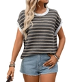 Damen Sommer Strickoberteil mit dunkelgrauen weißen Streifen und Rundhalsausschnitt - S / Grau