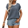 Damen Sommer Strickoberteil mit Streifen, Rundhalsausschnitt und kurzen Ärmeln in Blau-Weiß - S / Marineblau