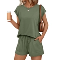 Damen Sommer-Set aus Kurzarm-Oberteil mit Rundhalsausschnitt und Shorts mit Kordelzug-Taschen - S / Armeegrün