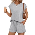 Women's 2-piece grey casual set featuring a round neck short sleeve top and drawstring shorts - S / Top And Bottom / Light Gray