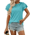 Women's summer short sleeve top in cyan blue with hollow diamond pattern and ruffles - Turquoise Green