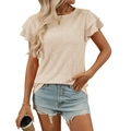 Short sleeve knit top in apricot with hollow diamond pattern and ruffle cuffs - S / Apricot