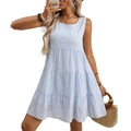 Summer sleeveless tiered A-line dress with blue and white gingham check pattern - S / Light Blue