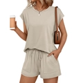 Damen Freizeit-Zweiteiler mit Rundhalsausschnitt-Top und Kordelzug-Shorts in Beige - S / Aprikose