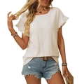 White eyelet embroidery t-shirt for women featuring ruffle sleeves and crew neckline - S / Apricot