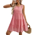 Pink and white gingham sleeveless summer dress with tiered ruffle skirt in loose fit - S / Red