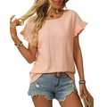 Short sleeve apricot t-shirt for women with hollow embroidery and ruffle trim details - S / Orange