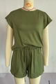 Olive green two-piece casual lounge set with short sleeve t-shirt and drawstring shorts - S / Top And Bottom / Army Green