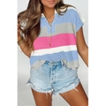 Pull en maille à manches courtes pour femmes avec rayures colorées et col en U élégant - S / Bleu Ciel