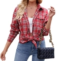 Women's casual plaid long sleeve shirt with classic lapel and dual pockets in red and white - S / Red + White