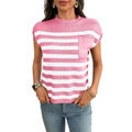 Pull d'été en maille à manches courtes pour femmes avec rayures et col rond classique - S / Rose