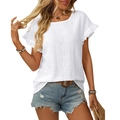 White broderie anglaise short sleeve T-shirt with hollow lace and crew neck - S / White