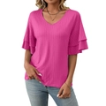 T-shirt femme col en V fuchsia avec manches à double volants et maille côtelée élégante - S / Rose Rouge