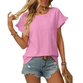 Haut rose pour femme avec broderie anglaise géométrique et manches à volants élégantes - Rose vif