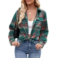 Women's casual plaid shirt with long sleeves and front pockets in dark green and red colors - S / Dark Green