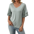 T-shirt vert menthe à col en V avec manches à volants superposées et maille côtelée douce - S / Vert Haricot