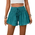 Women's high waist drawstring shorts with pleated texture in peacock blue and loose fit - Teal