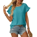 Haut bleu paon à manches courtes avec broderie anglaise et détails volantés - Bleu Turquoise