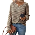 Women's casual striped waffle knit sweater with notch neck and long sleeves in brown and white - S / Brown Striped