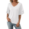 Haut blanc à col en V pour femme avec manches à volants et texture maille rayée - S / Blanc