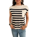 Pull en maille rayé crème et noir pour femme avec une petite poche sur la poitrine - S / Kaki