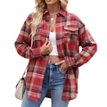 Women's loose red and black plaid flannel shirt with long sleeves and front pockets - S / Red + Khaki