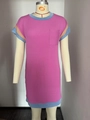 Short sleeve casual dress in magenta with blue contrast trim and a front pocket - S / Rose Red
