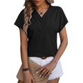 Dames top met korte mouwen en V-hals in zwart met jacquard patroon en ribgebreide textuur - S / Zwart