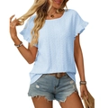 T-shirt bleu clair avec broderie anglaise, manches à volants et col rond élégant - Bleu clair