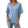 Women's V-neck rib-knit top in light blue with layered ruffle sleeves for summer - Sky Blue